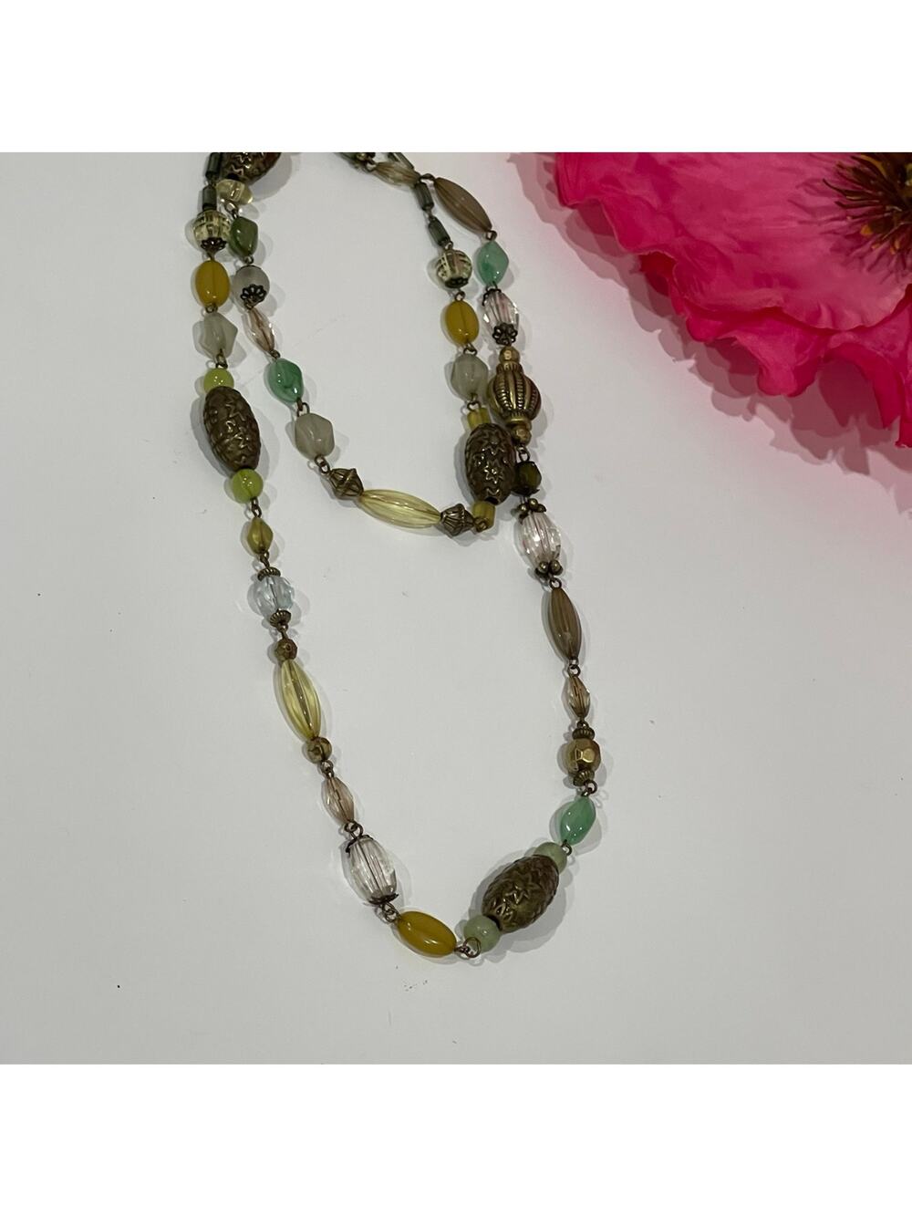 Long NECKLACE Faux Yellow Gold Green Stones Beads Multifaceted